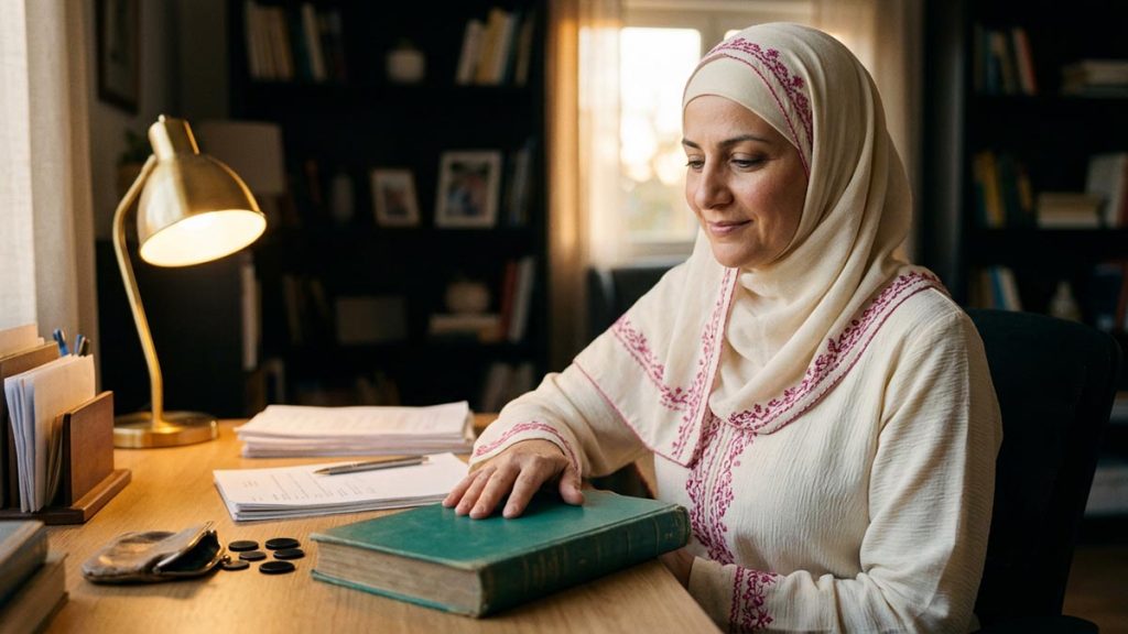A Muslim woman at a tidy desk where household finances are reviewed, an opening scene for the Dua for Wealth.