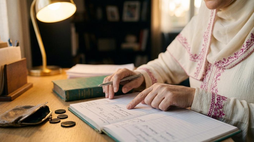 Close view of a Muslim woman's hands and the account book during the Dua for Wealth.