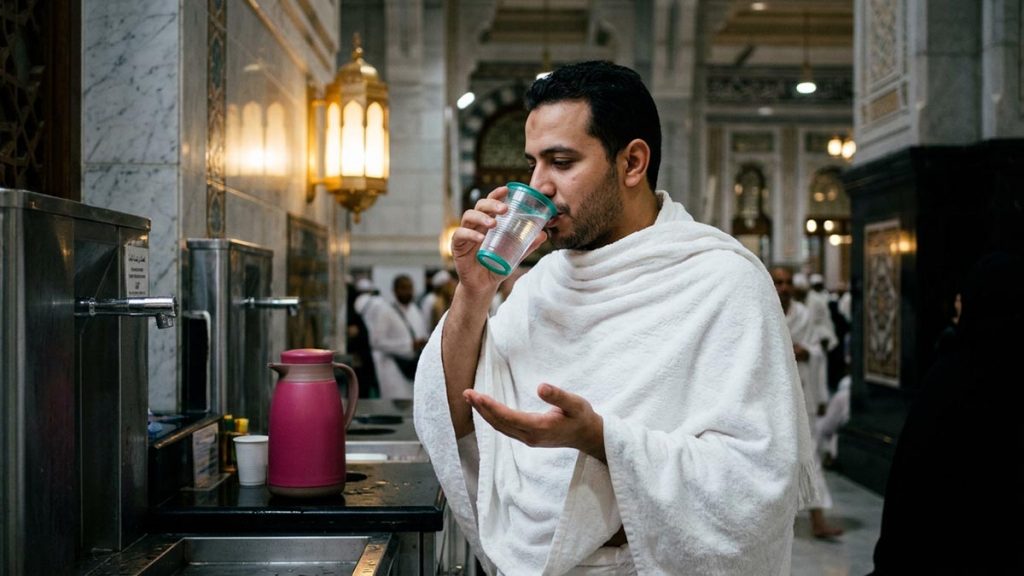 A Muslim pilgrim beside the water dispensers within the Sacred Mosque, an opening scene for the Dua for Zamzam Water.