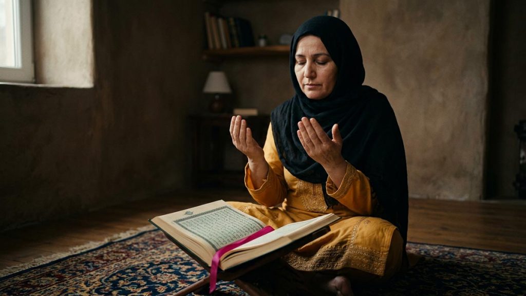 A Muslim woman in a quiet room where a woman recites alone with dignity, an opening scene for the Dua of Asiyah.