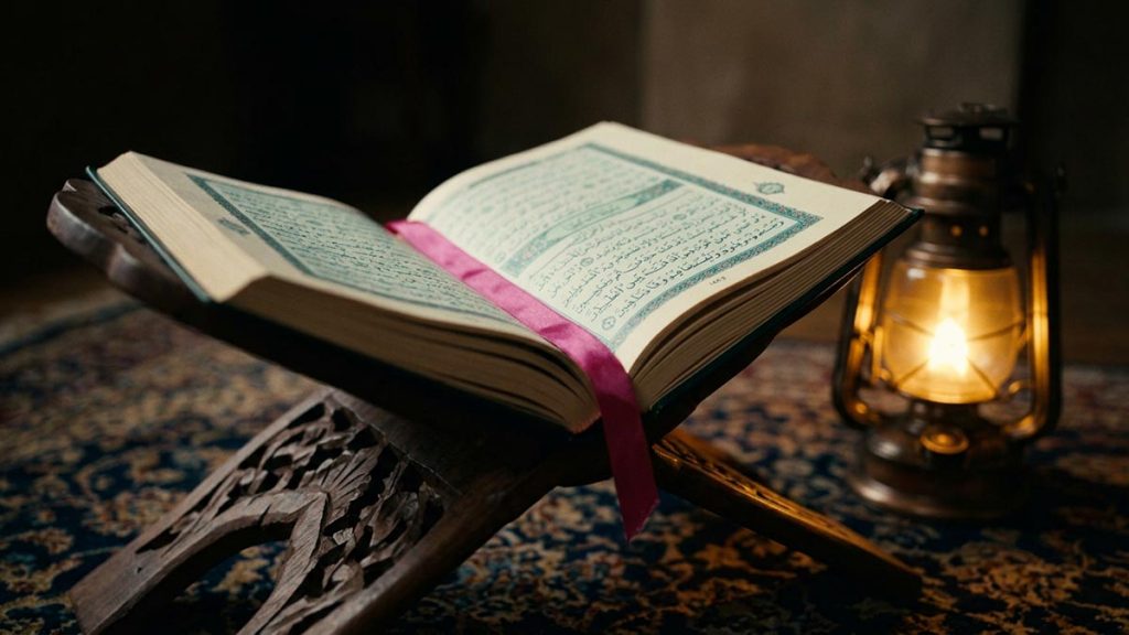 A still-life of an open Quran on a stand beside a single lit lamp in a still room, illustrating the Dua of Asiyah.