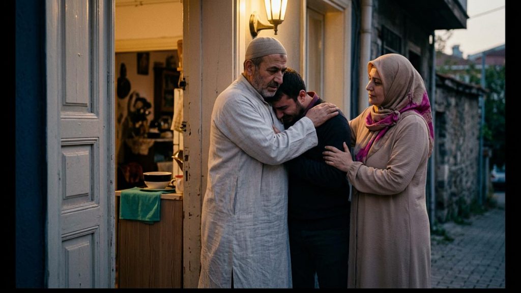 A Muslim family at a doorway where comfort is offered to a grieving family, an opening scene for the Dua of Condolence.