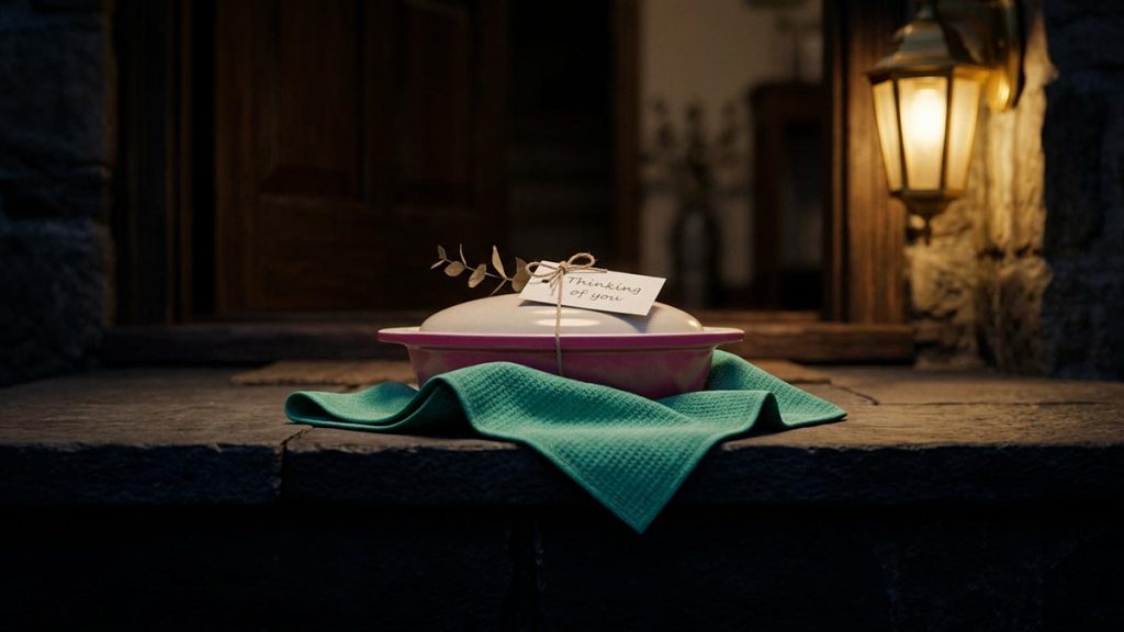 A still-life of a covered dish of food left at a doorstep for a grieving household, illustrating the Dua of Condolence.