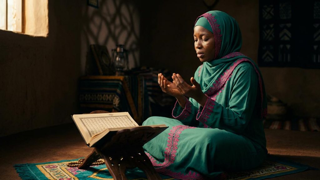 A Muslim woman in a still room at dawn with an open Quran, an opening scene for the Dua of Prophet Adam.