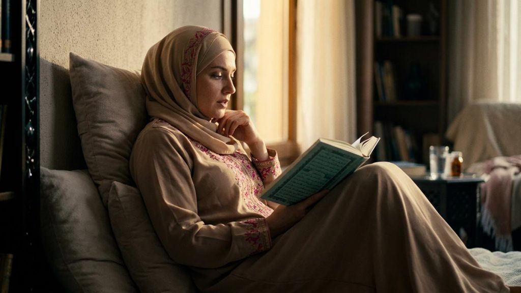 A Muslim woman in a restful room where someone recovers, Quran in hand, an opening scene for the Dua of Prophet Ayyub.