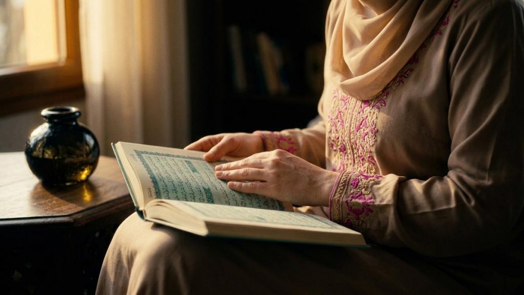Close view of a Muslim woman's hands and the open Quran during the Dua of Prophet Ayyub.