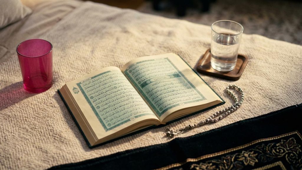 A still-life of an open Quran resting on a folded blanket beside a glass of water, illustrating the Dua of Prophet Ayyub.