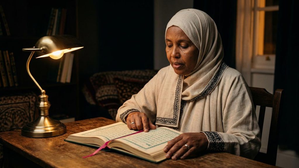 A Muslim woman at a desk with an open Quran and a single lamp, an opening scene for the Dua of Prophet Musa.