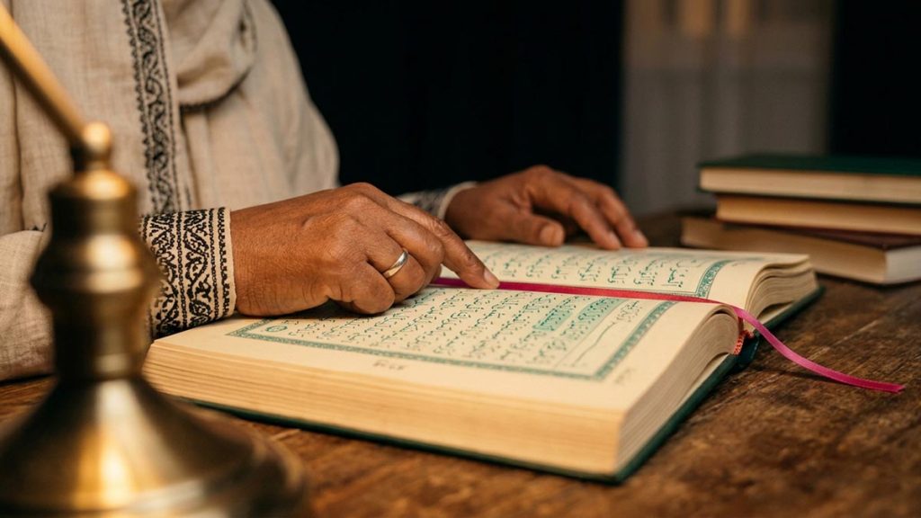 Close view of a Muslim woman's hands and the open Quran during the Dua of Prophet Musa.