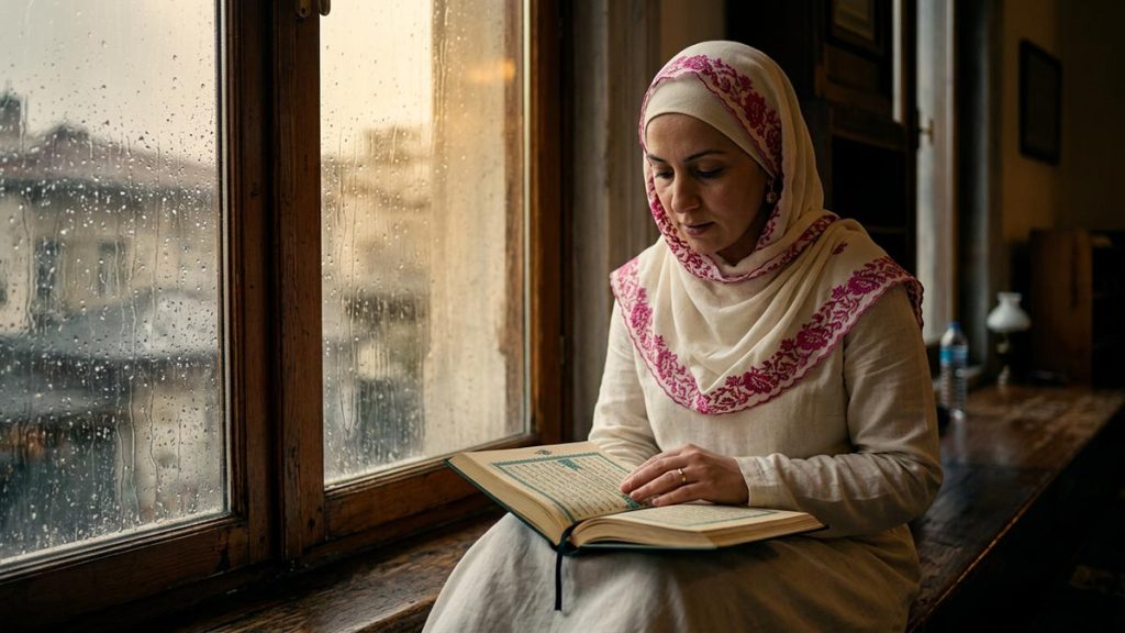 A Muslim woman beside a rain-streaked window with an open Quran, an opening scene for the Dua of Prophet Nuh.