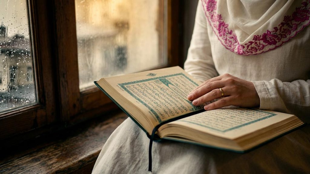 Close view of a Muslim woman's hands and the open Quran during the Dua of Prophet Nuh.