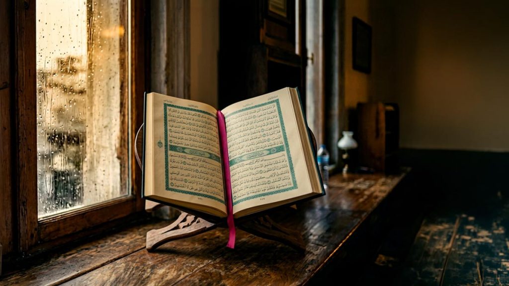 A still-life of an open Quran on a stand beside a rain-streaked windowpane, illustrating the Dua of Prophet Nuh.