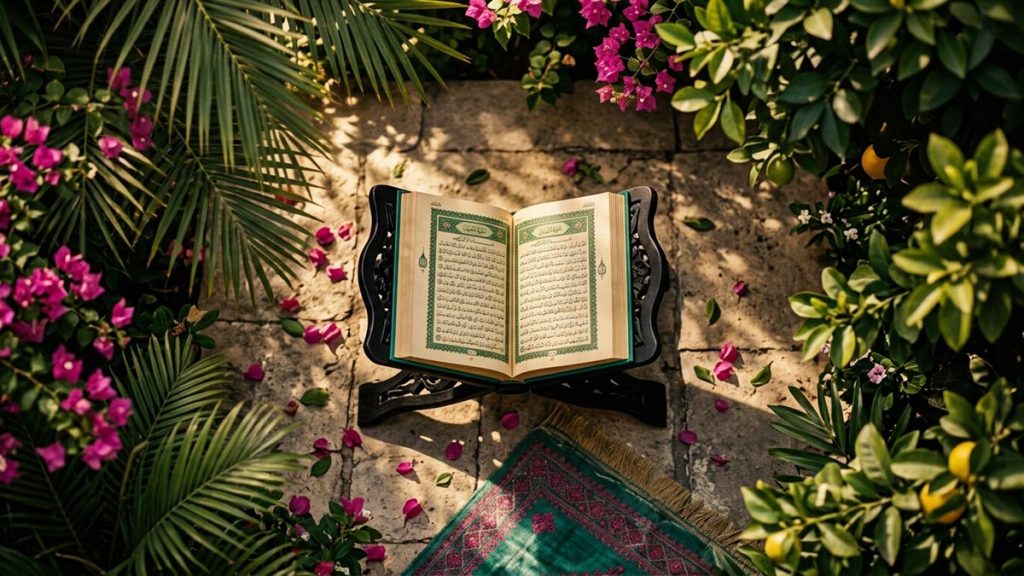 A still-life of an open Quran on a stand in a leafy garden courtyard, illustrating the Dua of Prophet Sulayman.