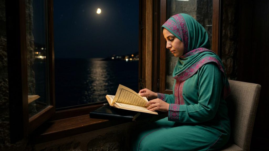 A Muslim woman at a window overlooking the sea at night, an opening scene for the Dua of Prophet Yunus.