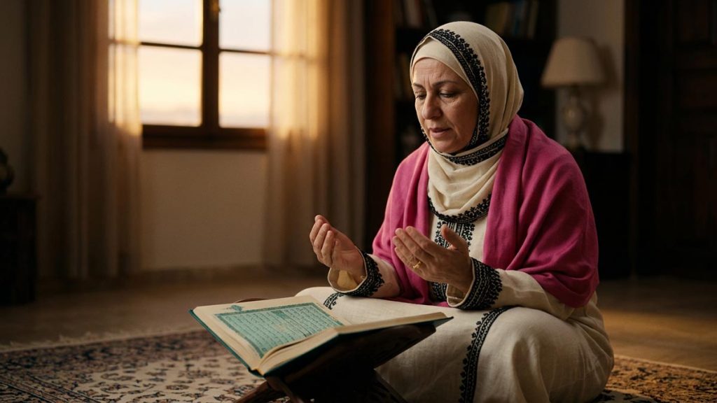 A Muslim woman in a still room with an open Quran on a low table, an opening scene for the Dua of Prophet Yusuf.