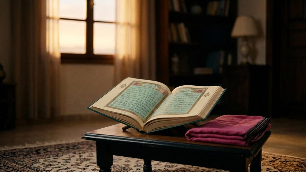 A still-life of an open Quran on a low table beside a folded shawl, illustrating the Dua of Prophet Yusuf.