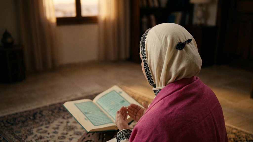 A Muslim woman seen from behind in a still room with an open Quran on a low table, reflecting the Dua of Prophet Yusuf.