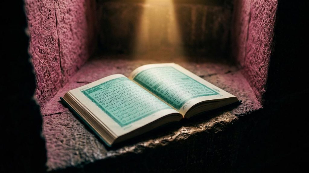 A still-life of an open Quran resting on stone in a sheltered alcove, illustrating the Dua of the People of the Cave.