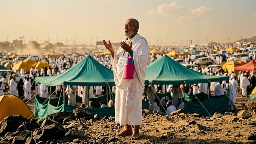 A Muslim pilgrim on the open plain of Arafah in the afternoon heat, an opening scene for the Dua on the Day of Arafah.