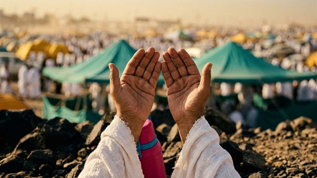 Close view of a Muslim pilgrim's hands and the open plain of Arafah during the Dua on the Day of Arafah.