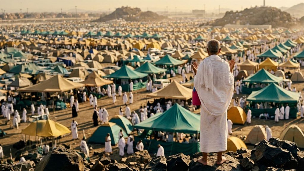 A Muslim pilgrim seen from behind on the open plain of Arafah in the afternoon heat, reflecting the Dua on the Day of Arafah.