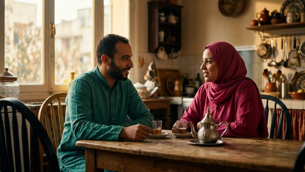 A Muslim family at a kitchen table where a couple talk quietly, an opening scene for the Dua to Strengthen Marriage.