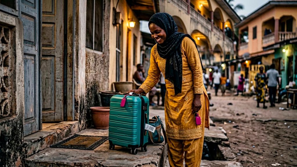 A Muslim woman on a doorstep at the end of a journey with luggage set down, an opening scene for the Dua Upon Arrival at a Destination.