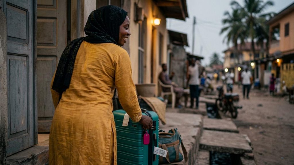 A Muslim woman seen from behind on a doorstep at the end of a journey with luggage set down, reflecting the Dua Upon Arrival at a Destination.