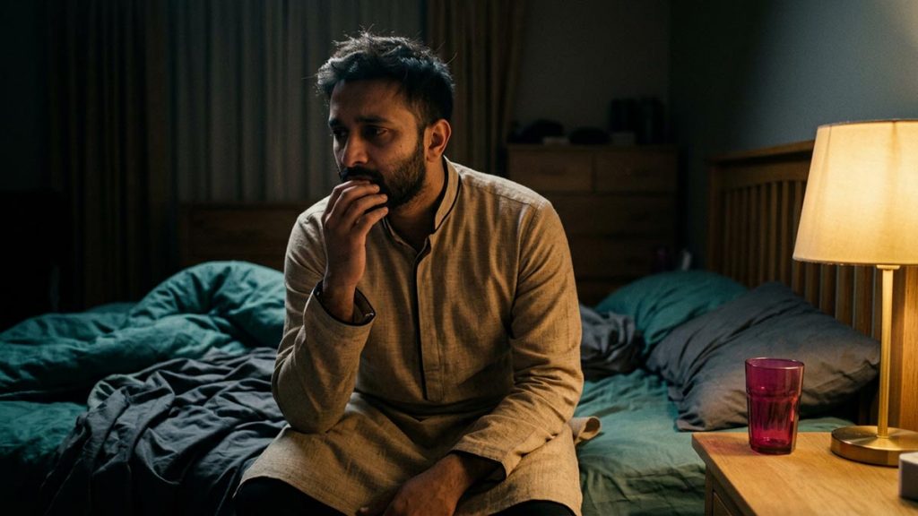 A Muslim man in a dark bedroom just after waking suddenly, an opening scene for the Dua Upon Awakening from a Bad Dream.