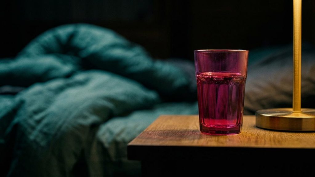 A still-life of a glass of water and a small lamp on a bedside table in the dark, illustrating the Dua Upon Awakening from a Bad Dream.