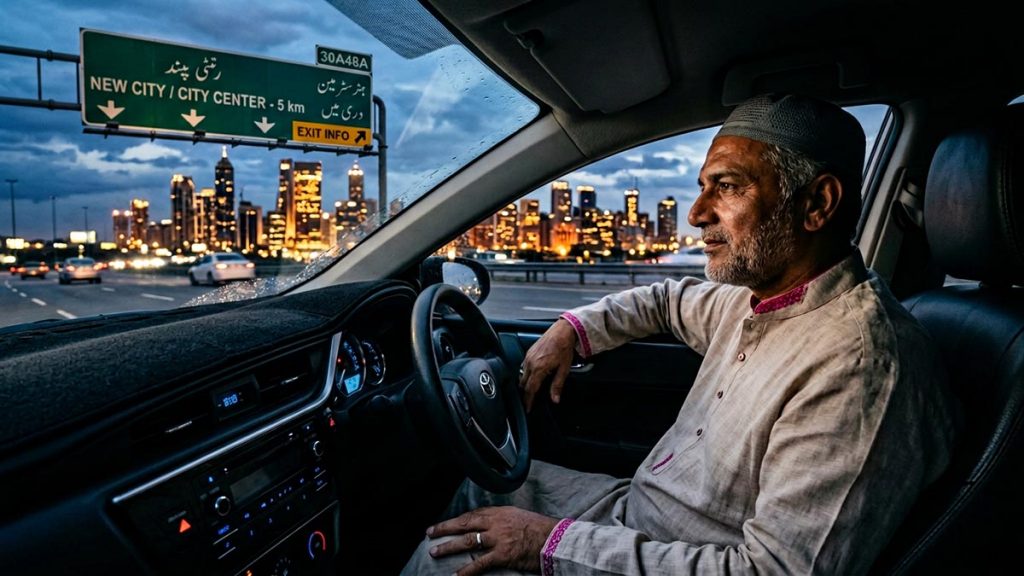 A Muslim man in a car approaching an unfamiliar city skyline, an opening scene for the Dua Upon Entering a New City.