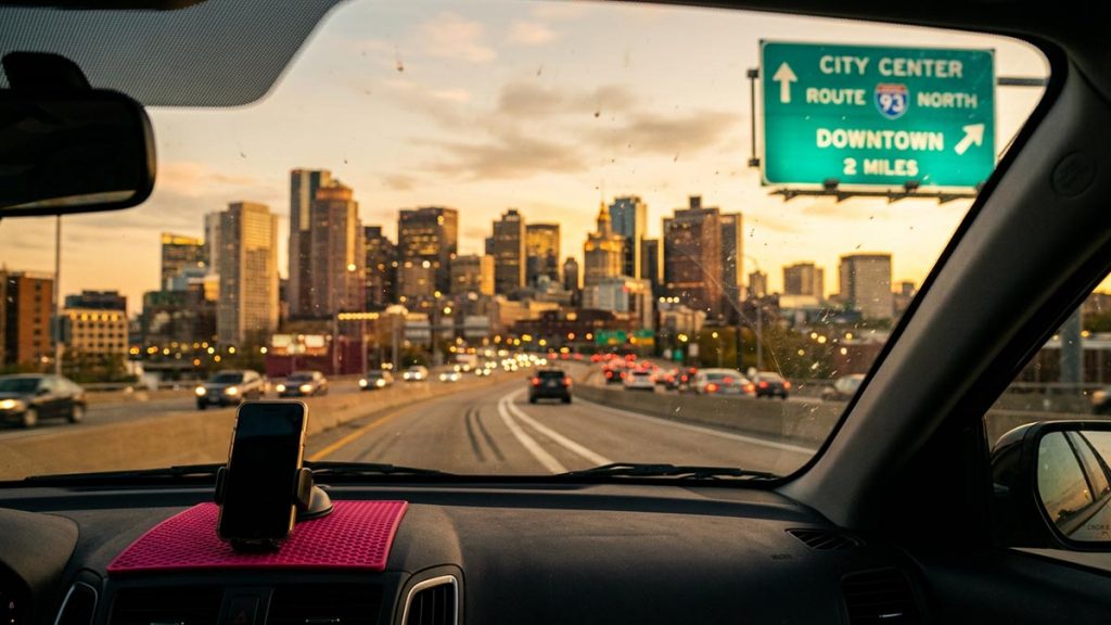 A still-life of a city skyline seen through a car windscreen at golden hour, illustrating the Dua Upon Entering a New City.
