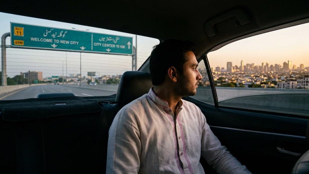 A Muslim man seen from behind in a car approaching an unfamiliar city skyline, reflecting the Dua Upon Entering a New City.