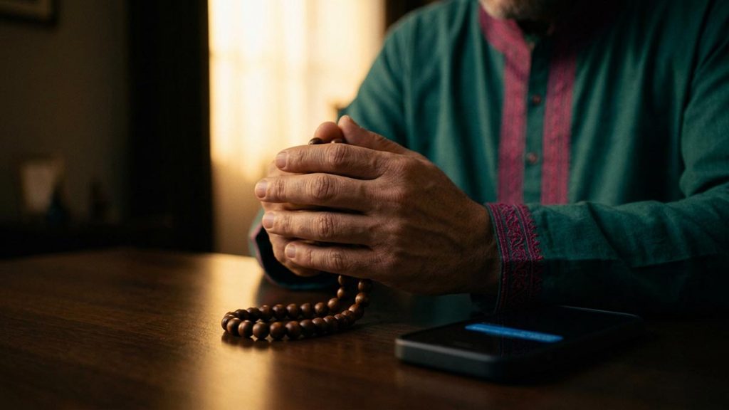 Close view of a Muslim man's hands and the phone during the Dua Upon Hearing of Death.