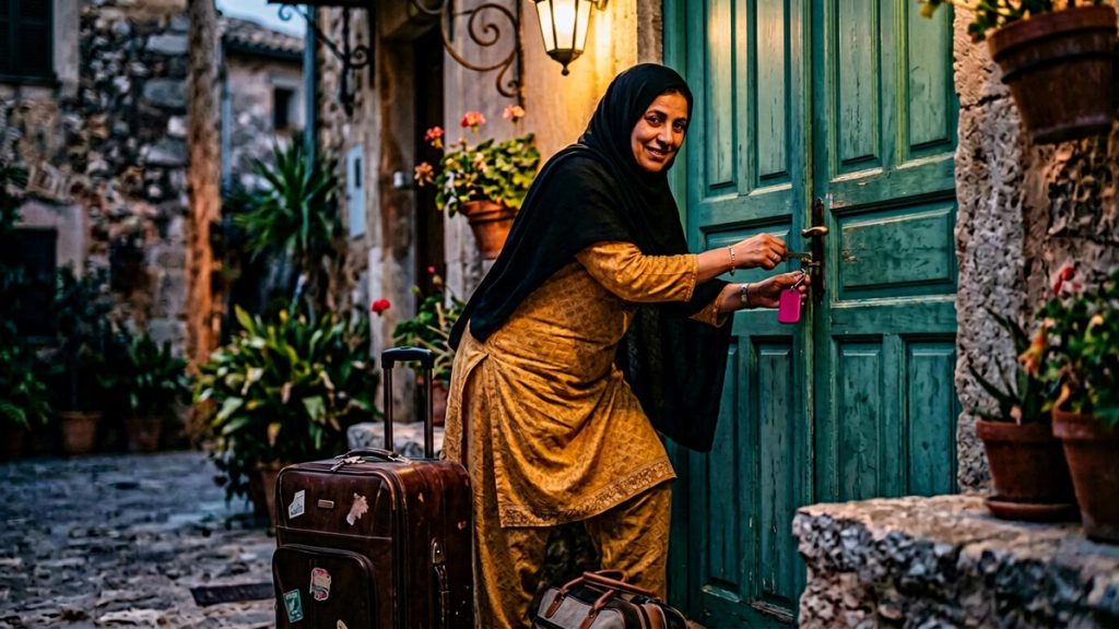A Muslim woman at a familiar front door with a suitcase at the feet, an opening scene for the Dua Upon Returning Home.