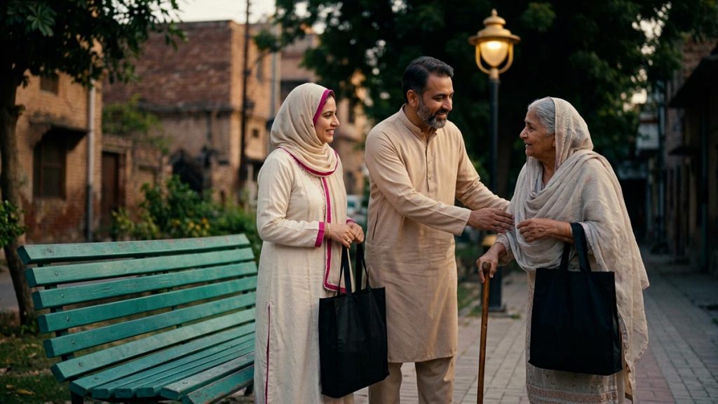 A Muslim family on a quiet street beside a bench, an opening scene for the Dua Upon Seeing Someone Afflicted.