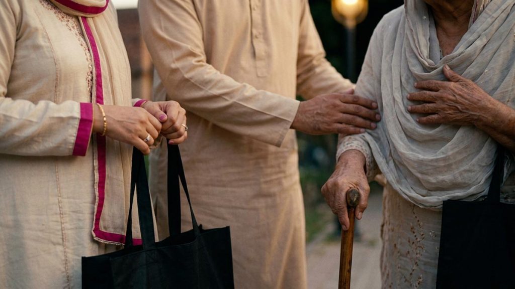 Close view of a Muslim family's hands and the walking stick during the Dua Upon Seeing Someone Afflicted.