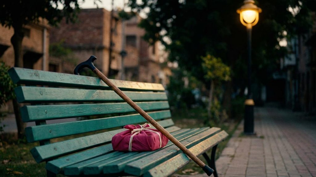 A still-life of a walking stick resting against a bench beside a wrapped parcel of food, illustrating the Dua Upon Seeing Someone Afflicted.