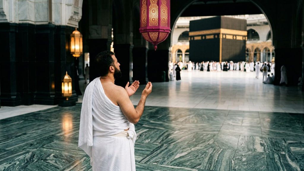 A Muslim pilgrim in the Sacred Mosque courtyard with the Kaaba seen respectfully from a distance, an opening scene for the Dua Upon Seeing the Kaaba.