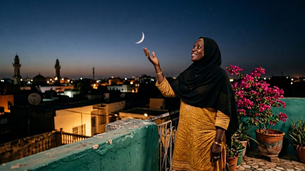 A Muslim woman on a rooftop terrace beneath a clear evening sky, an opening scene for the Dua Upon Seeing the New Moon.