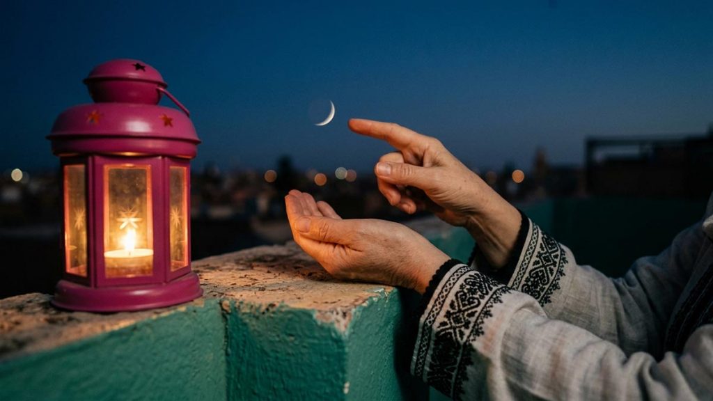 Close view of a Muslim woman's hands and the slender crescent moon during the Dua Upon Sighting the Ramadan Moon.