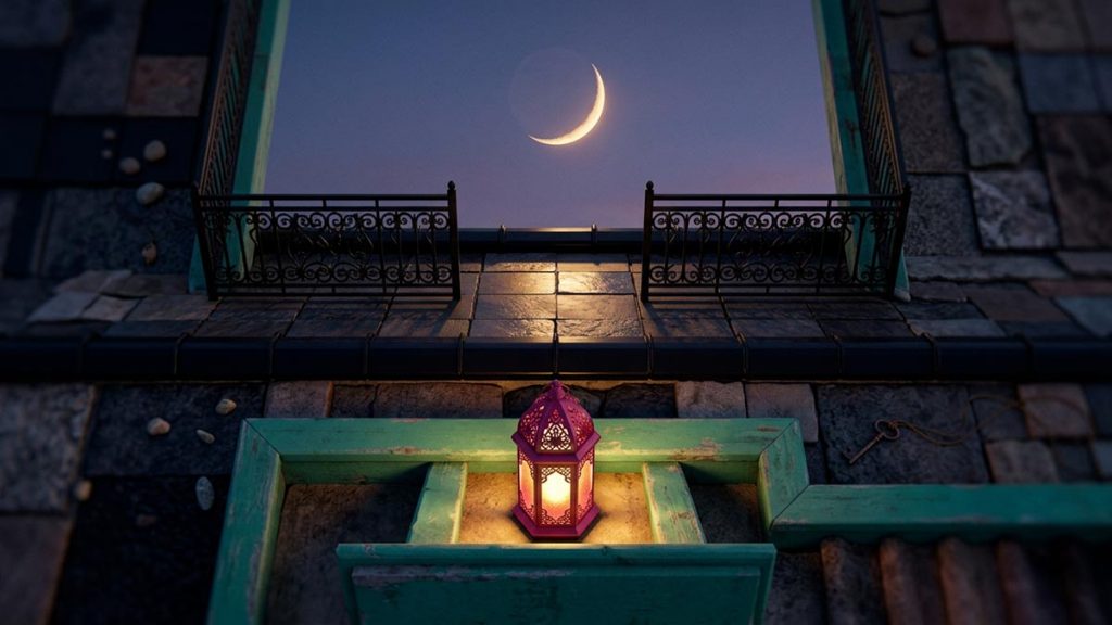 A still-life of a slender crescent moon above a rooftop at dusk, illustrating the Dua Upon Sighting the Ramadan Moon.