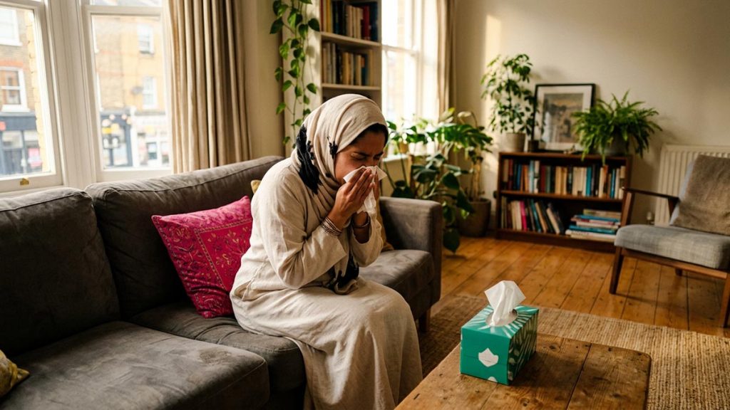 A Muslim woman in a bright living room, an opening scene for the Dua Upon Sneezing.