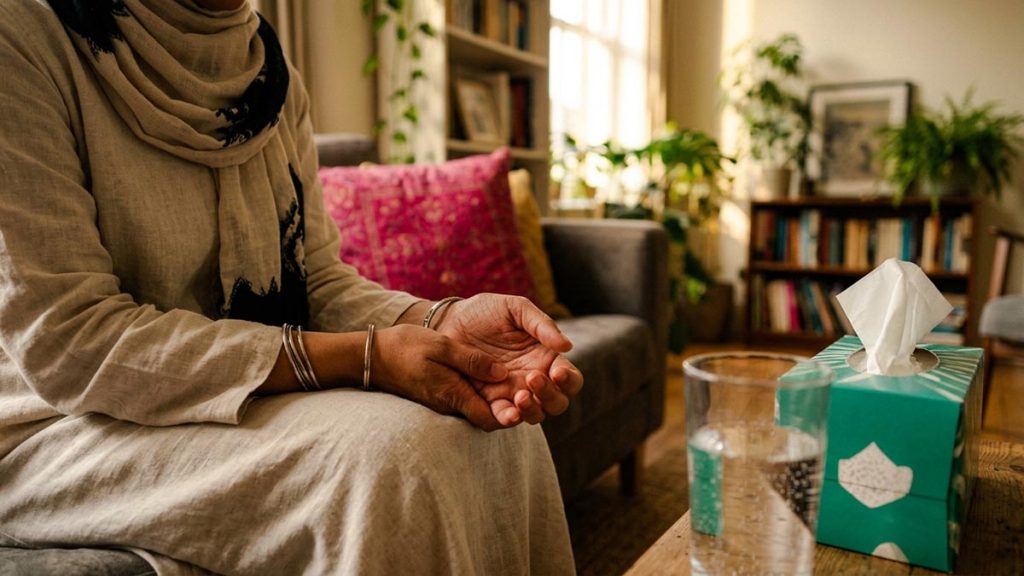 Close view of a Muslim woman's hands and the box of tissues and a glass of water during the Dua Upon Sneezing.