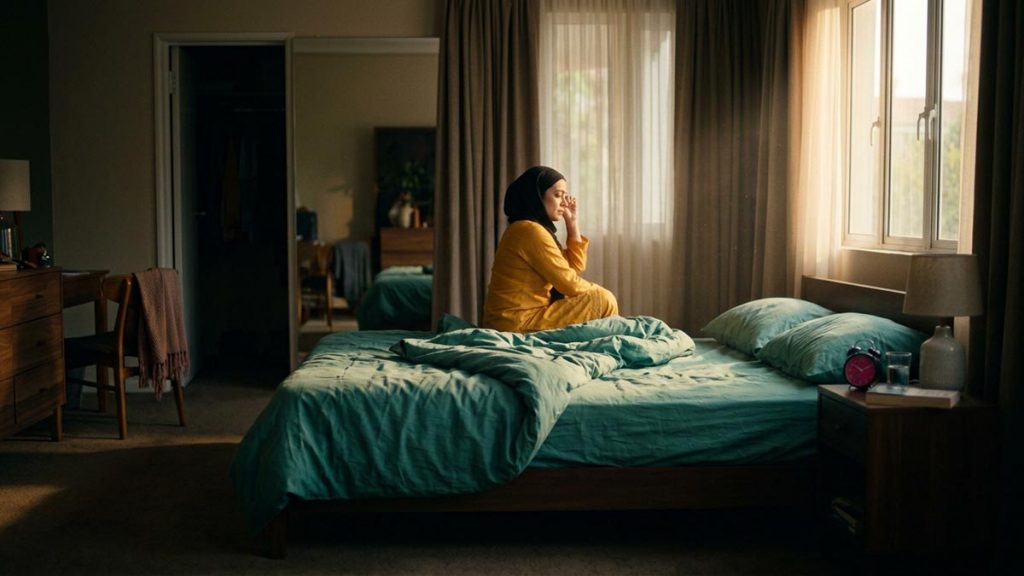 A Muslim woman in a bedroom filling with early morning light, an opening scene for the Dua Upon Waking Up.