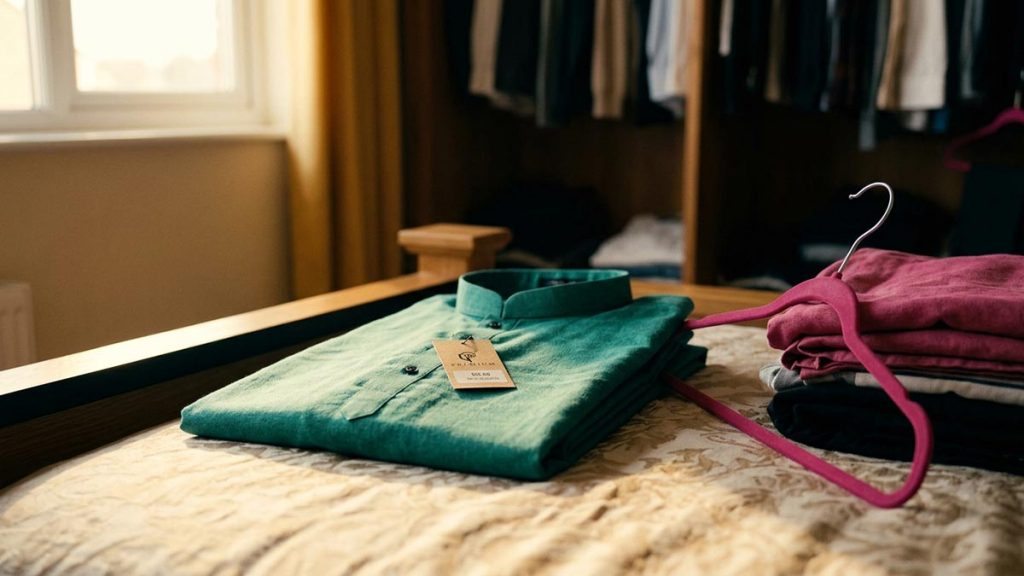 A still-life of a new folded garment with its label beside a wardrobe, illustrating the Dua Upon Wearing New Clothes.