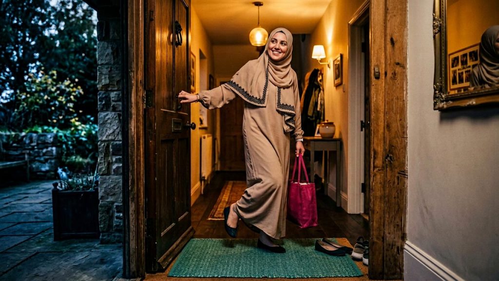 A Muslim woman in the doorway of a family home, stepping inside, an opening scene for the Dua When Entering the Home.