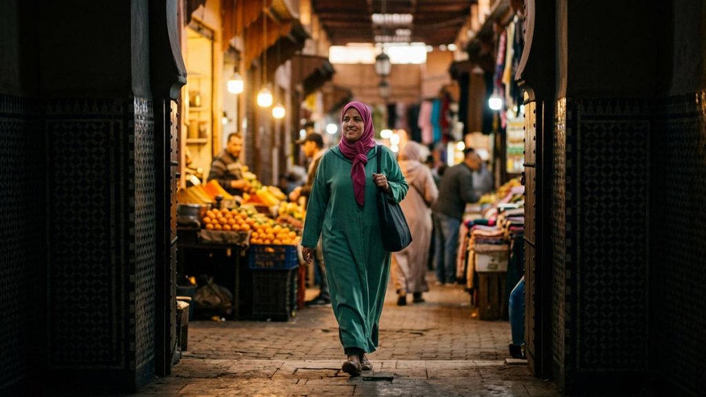 A Muslim woman at the entrance archway of a busy marketplace, an opening scene for the Dua When Entering the Marketplace.