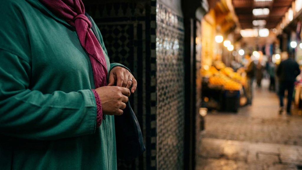 Close view of a Muslim woman's hands and the bustling market archway during the Dua When Entering the Marketplace.