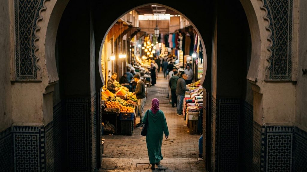 A Muslim woman seen from behind at the entrance archway of a busy marketplace, reflecting the Dua When Entering the Marketplace.